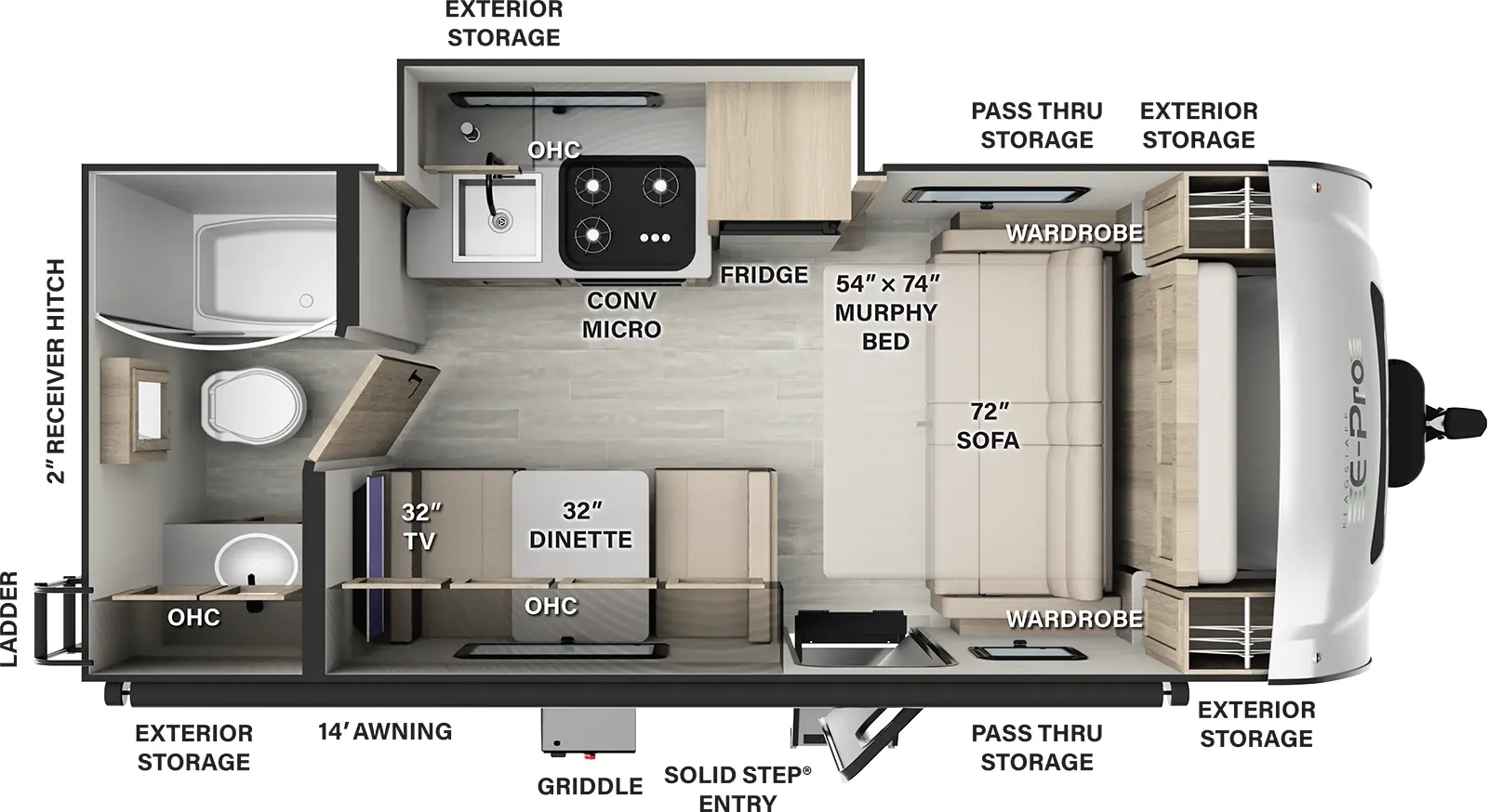 The E19FDS has 1 slide out and 1 entry. Exterior features storage, pass-thru storage, griddle, ladder, 2 inch receiver hitch, and 14 foot awning. Interior layout front to back: murphy bed/sofa with wardrobes on each side; off-door side slide out with refrigerator, kitchen counter with convection microwave, sink, and overhead cabinet; door side dinette with overhead cabinet and TV;  rear full bathroom with overhead cabinet.